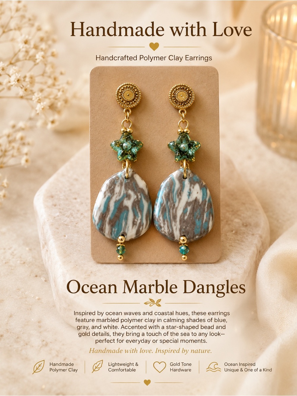 Handmade Ocean Marble Dangle Earrings - Blue, Gray & White